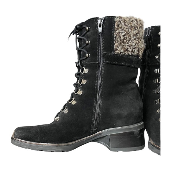 Aquatalia black suede, Lace Up, lug sole booties Moto Combat bouclé lined - Picture 10 of 12